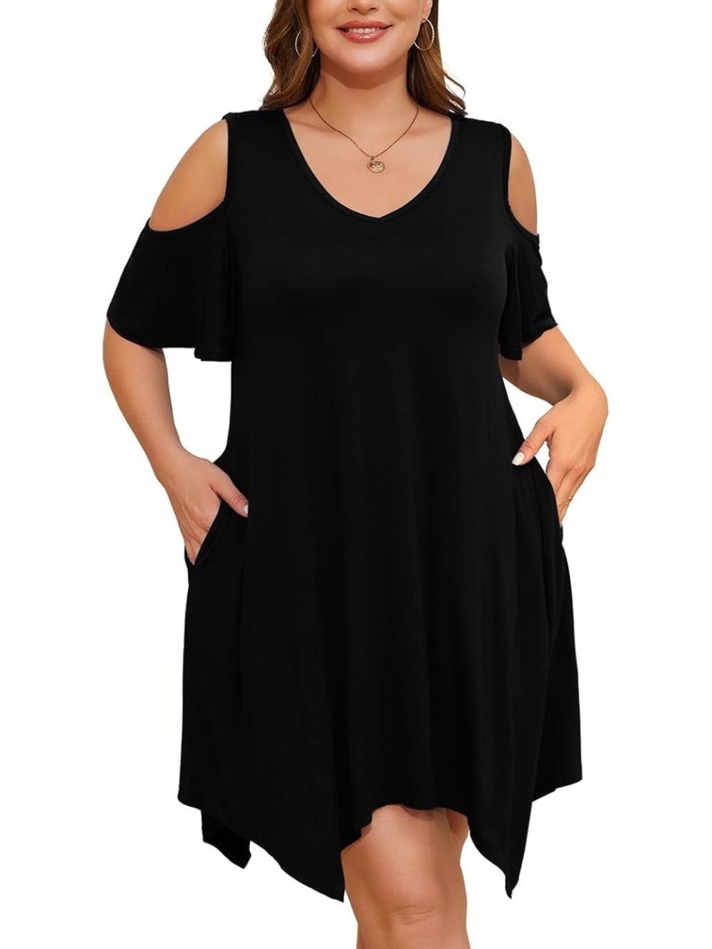 LARA Black Cold-Shoulder Swing Mini Dress with Pockets